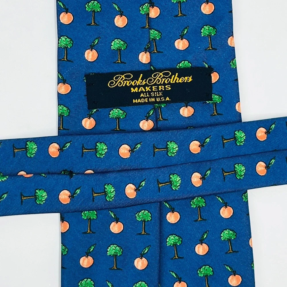 Brooks Brothers Necktie Mens OS Blue Peach Tree Silk‎ Novelty Print USA Made Tie